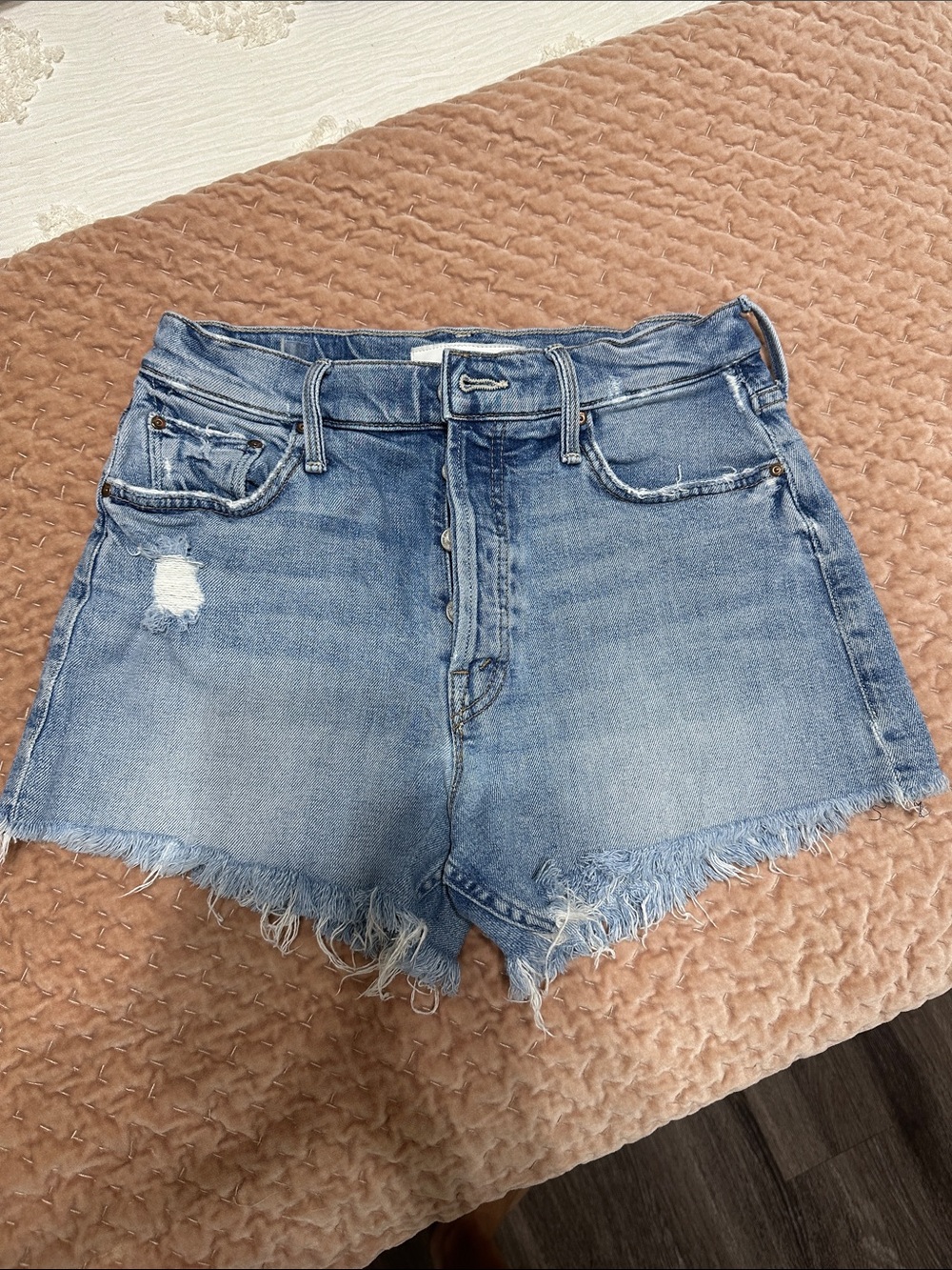 MOTHER Light Blue Tomcat Kick Fray Shorts